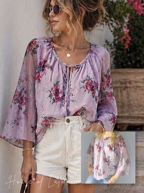 Vintage 70s Lilac Boho Floral Top. Romantic Feminine Flutter Sleeve. Vacation